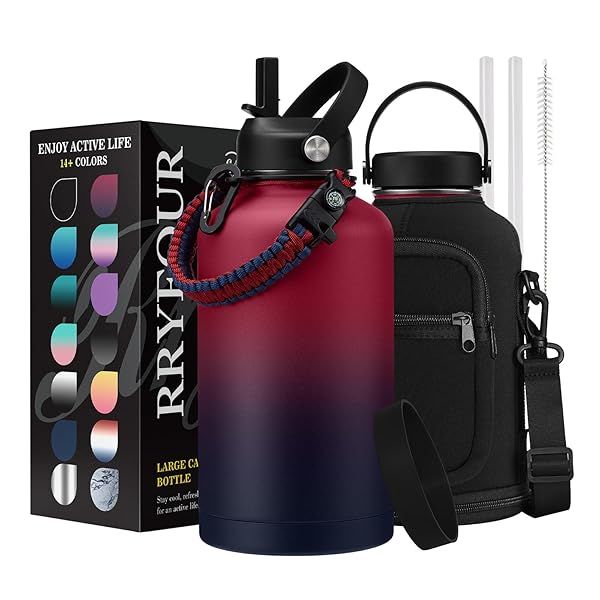 64 OZ Insulated Water Bottles with Straw - Waterbottle Carrier with Strap, Protective Boot and Paracord Handle, Stainless Steel Water Flask Canteen