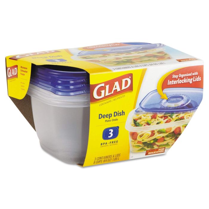 GladWare Deep Dish Containers with Lids - 8 Cups (64 oz) - Set of 3 for Meal Prep & Storage