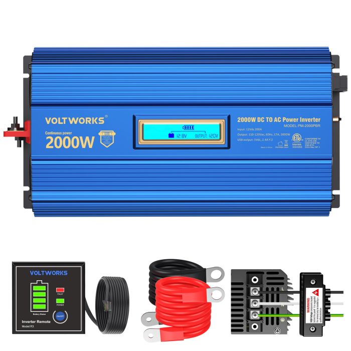 VOLTWORKS 2000W Power Inverter DC 12V to AC 120V for Off-Grid Solar, RV, Truck & Boat - ETL Certified with LCD & USB Ports