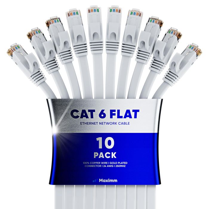25ft Cat 6 Ethernet Cable - Flat Design, High-Speed LAN Patch Cable for Gaming & Streaming - 10 Pack, White