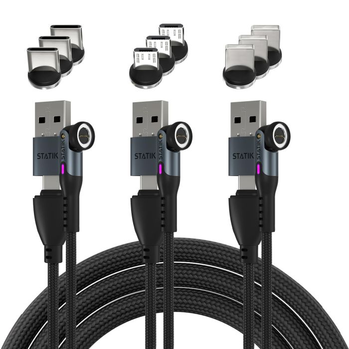 Statik 360 Pro Magnetic Charging Cable 3 Pack - 100W Fast USB C, Micro-USB & USB-A Charger - 3FT/1M Black
