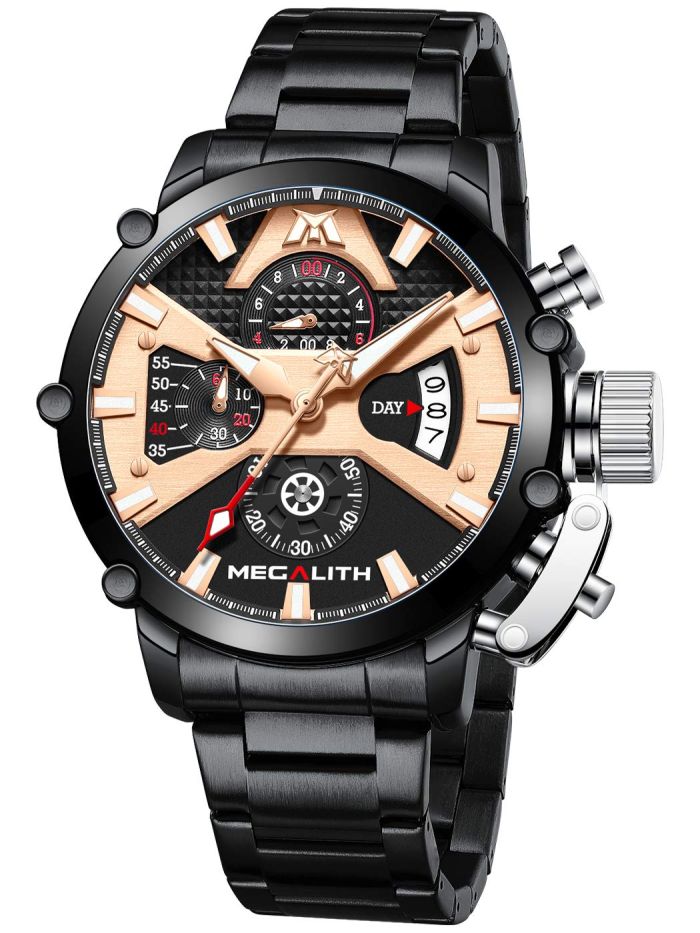 MEGALITH Men's 45mm Waterproof Chronograph Watch - Stylish Black Analog Quartz with Luminous Features