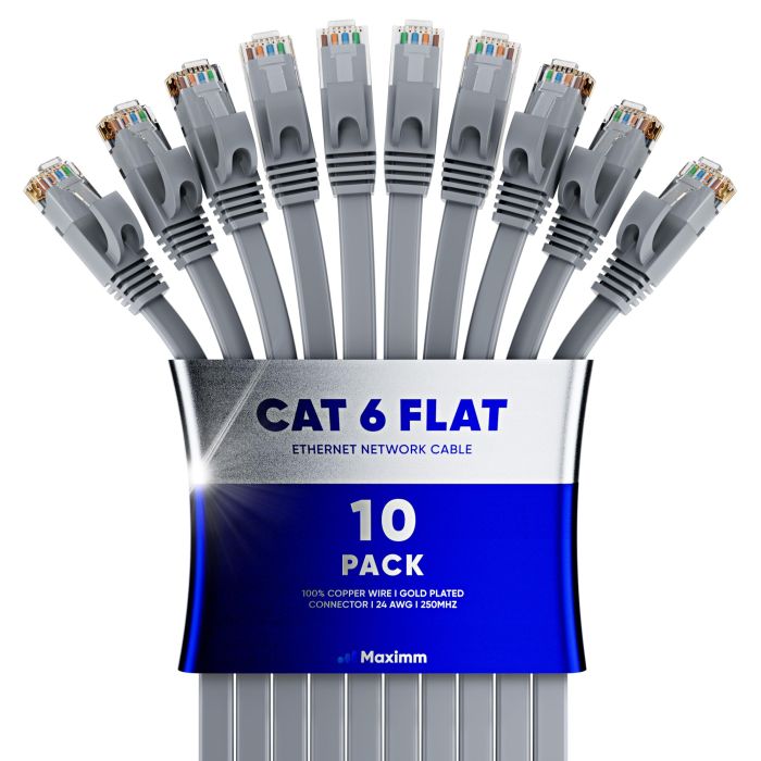 10ft Cat 6 Ethernet Cable - Flat Design, High-Speed LAN Patch Cable for Gaming & Streaming - 10 Pack, Gray