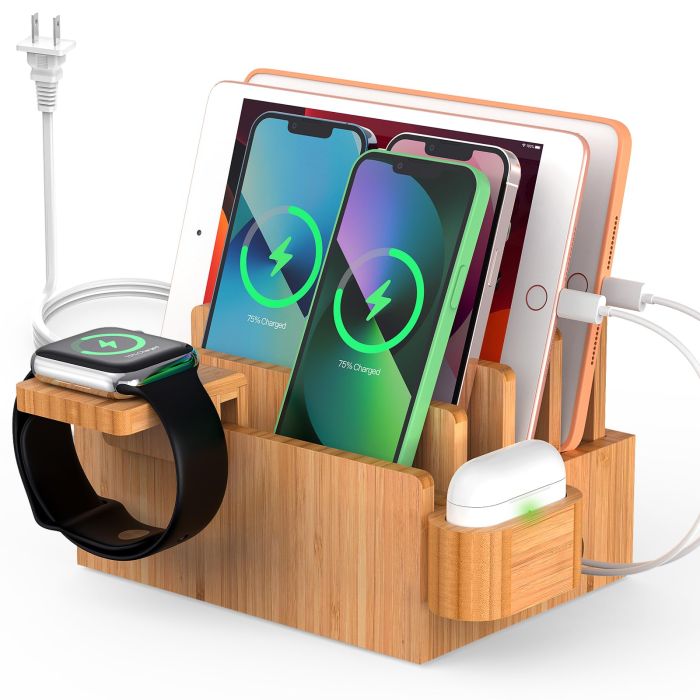 Pezin & Hulin Bamboo Charging Station: 5-Port USB Organizer for Phones, Tablets, Watches & Earbuds