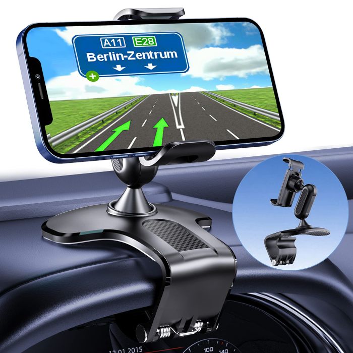 360 Degree Rotation Dashboard Cell Phone Holder for Car Clip Mount Stand Suitable for 4 to 7 inch Smartphones (Black)