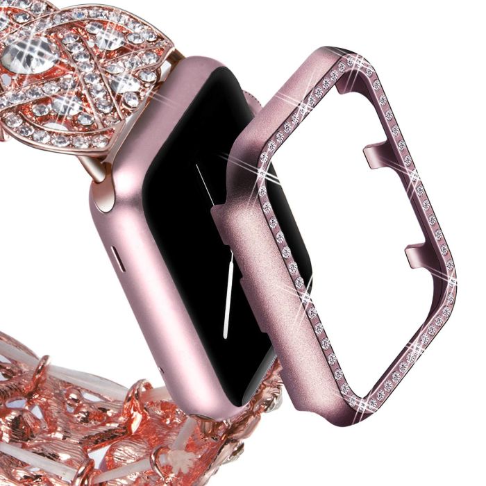 VIQIV Bling Protective Face Bumper Case for Apple Watch 38mm 40mm 42mm 44mm - Crystal Diamond Frame in Rose Pink