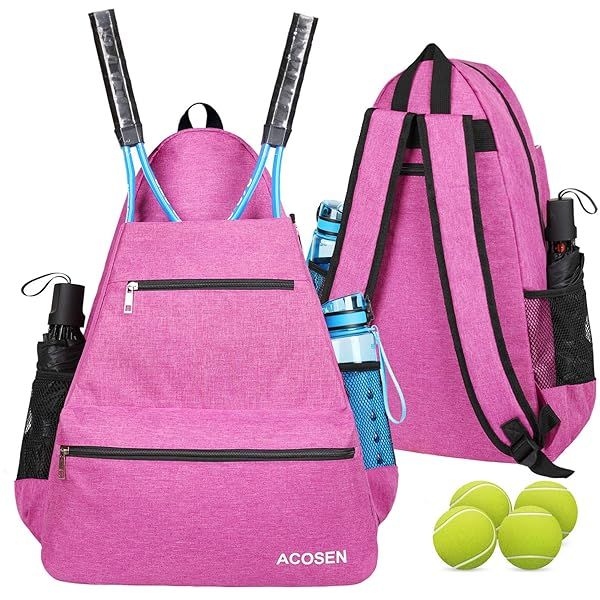 ACOSEN Tennis Bag Large Backpack for Women and Men Holds Racket Pickleball Paddles Badminton Squash Balls and Accessories Rose Red