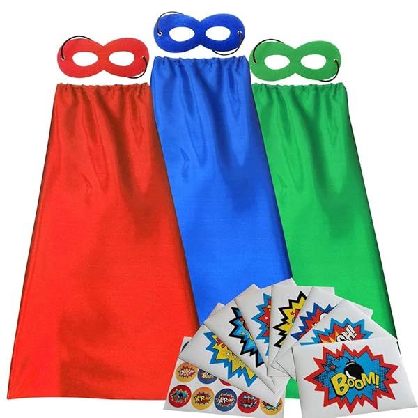ADJOY Superhero Capes and Masks for Kids with Stickers Perfect for Birthday Party Dress Up Costume in Red Green Blue 3 Sets