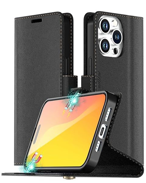 AICase iPhone 15 Pro Max Wallet Case RFID Blocking Leather Flip Folio Magnetic Closure Protective Cover Credit Card Holder Black 2023