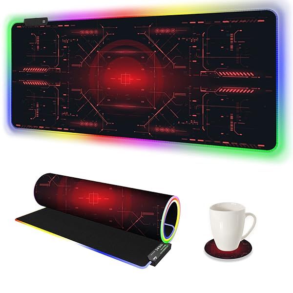 AIMSA Large Gaming Mouse Pad RGB, Keyboard Led Mousepad Extended 35.4 x 15.8 inch Non-Slip Rubber Base with 14 Lighting Modes Desk Mat, Red Circuit