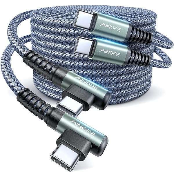 AINOPE 60W USB C Cable 2-Pack 6.6ft - Fast Charging Right Angle Type C Charger for iPhone 16 Pro Max, Samsung S25 Ultra, iPad Pro