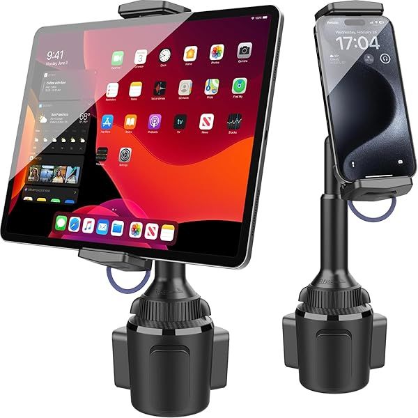 APPS2Car Solid Cup Holder Tablet Mount Adjustable Height for iPad Pro Air Mini Fire iPhone Compatible Black Road Trip Essential