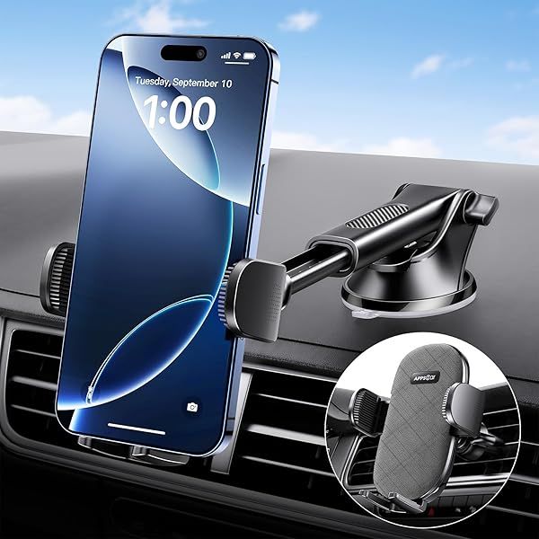 APPS2Car Suction Cup Phone Mount for Windshield Dashboard Air Vent Compatible with iPhone Samsung Thick Case Friendly