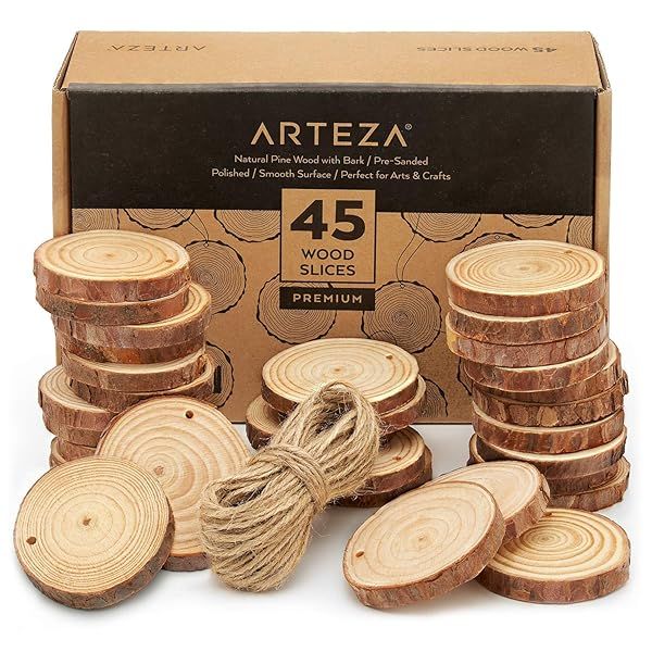 ARTEZA Natural Wood Slices 45 Pieces 2.4-2.8 Inch Round Pine Discs for Crafts Christmas Ornaments Centerpieces and Paintings Brown Small