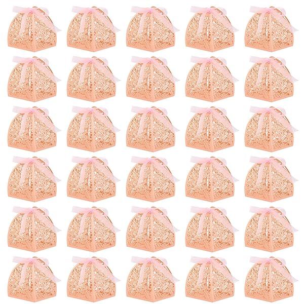 AUEAR 50 Pack Rose Candy Boxes 2.4x2.4 Laser Cut Chocolate Gift for Wedding Bridal Shower Anniversary Favors Pink