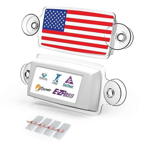 AUTOBOXCLUB EZ Pass Holder - Easy Install Toll Pass Mount for US States with UV Protection & 4 Mounting Strips (US Flag Design)
