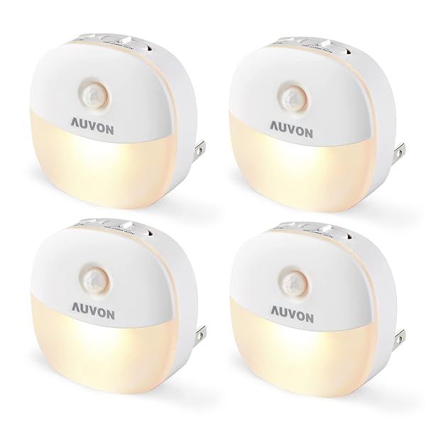 AUVON Plug in Night Light with Motion and Dusk to Dawn Sensor Adjustable Brightness for Bathroom Hallway Stairs Bedroom Kitchen 4 Packs