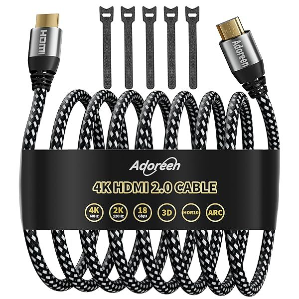 Adoreen 4K HDMI Cable 25 Feet High Speed 18Gbps Braided HDMI 2.0 Cord for UHD TV PC PS5 Xbox with 5 Ties Flexible and Durable