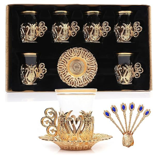 Handmade Turkish Tea Set: 6 Zamzam Glasses, Saucer & Spoon - Elegant Ottoman Gold Design