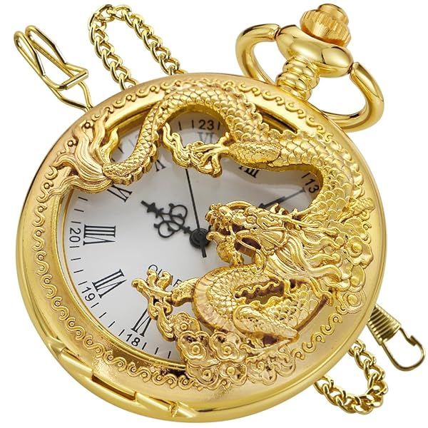 Alwesam Gold Dragon Design Quartz Pocket Watch Roman Numerals with Chain Birthdays Gifts for Father's Days