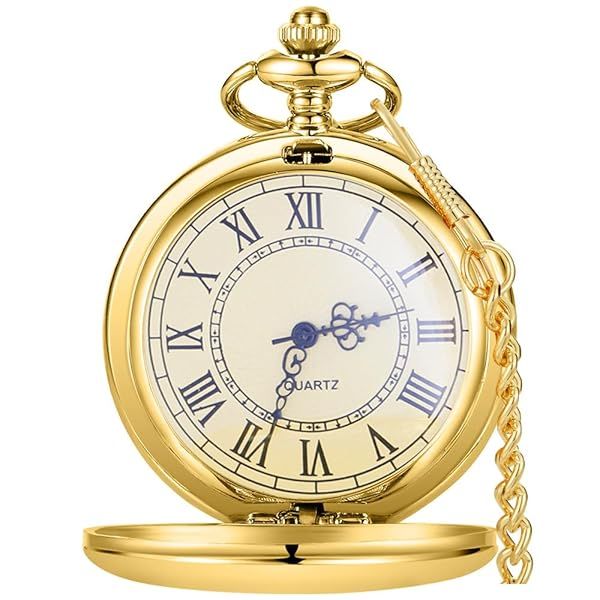 Alwesam Smooth Quartz Pocket Watch with Chain Roman Numerals Scale(Full Gold)