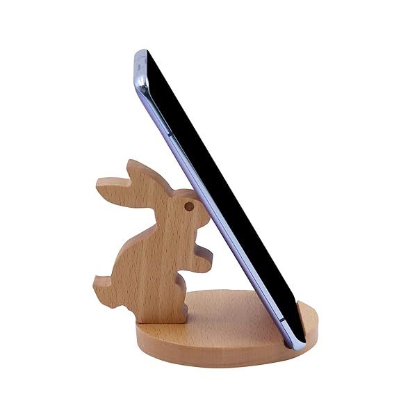 Amamcy Cute Bunny Cellphone Stand Holder Wooden Smartphone Desk Holder for All Mobile Phones Animal Phone Stand Desk Ornament