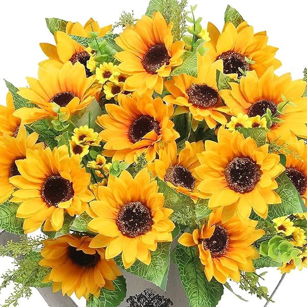 Artificial Sunflower Bouquets - 2 Bunches of Fake Wildflowers for Baby Showers, Weddings & Spring Decor