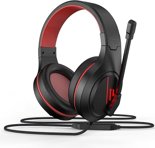 Anivia MH601 Wired Headphones with Microphone Active Noise Canceling 3.5mm Stereo Headset Red for Gaming Work and School