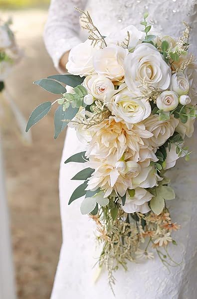 Ansofi Cascading Bouquets: Beige Rose Artificial Bridal Bouquet for Boho Rustic Weddings & Anniversaries