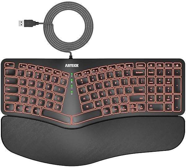 Arteck Ergonomic USB Wired Keyboard: Backlit, Cushioned Wrist Rest & Split Design for Ultimate Comfort on Windows PCs