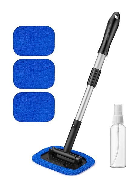 AstroAI Windshield Cleaner Microfiber Car Window Cleaner with Reusable Washable Pads and Extendable Handle Auto Glass Wiper Kit Blue