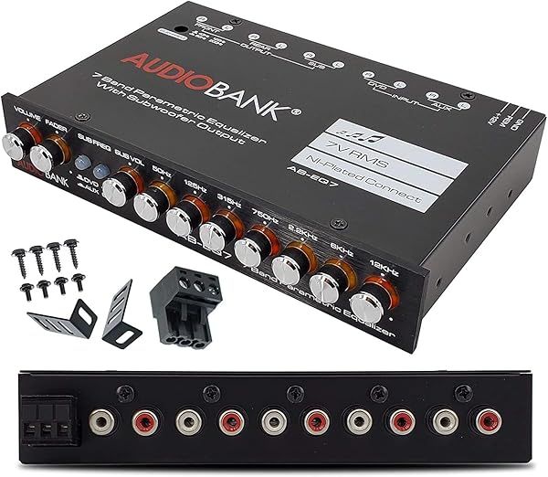 Audiobank EQ7 1/2 Din 7 Band Car Audio Equalizer with Adjustable Frequencies and RCA Inputs for Subwoofer and Portable Devices