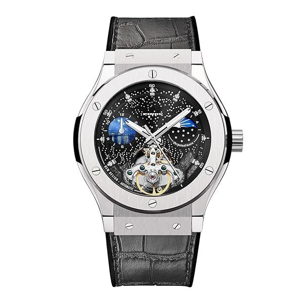 Automatic Watches for Men, Skeleton Watches for Men Analog Tourbillon Watch Starry Sky Dial 12-Hour Small Dial Moon Phase Mechanical Watch Black