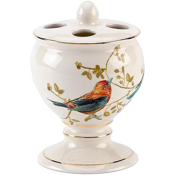 Avanti Linens Gilded Birds Toothbrush Holder - Nature Inspired Ceramic Bathroom Decor