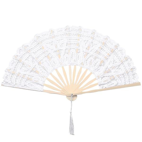 BABEYOND Cotton Lace Folding Handheld Fan Embroidered Bridal Hand Fan for Weddings and Parties White
