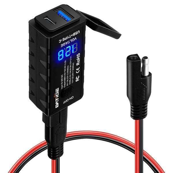 BATIGE Motorcycle USB Charger: SAE to USB Type C, Quick Charge 3.0, Voltmeter & Waterproof Extension Cable for GPS & Smartphone