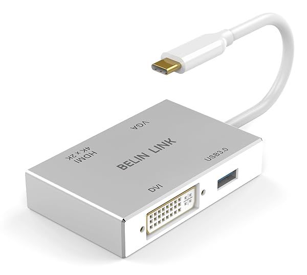 BELIN LINK USB-C to HDMI DVI VGA Adapter - 4-in-1 Hub for MacBook Pro, Surface Pro & More | 4K Thunderbolt 3 Compatible