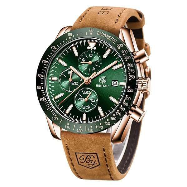 BENYAR Classic Quartz Chronograph Watch for Men - Waterproof Leather Band, Stylish Green Sport Watch