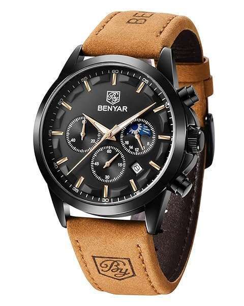 Stylish BENYAR Men's Analog Quartz Watch - Waterproof Chronograph with Leather Strap & Luminous Date - Perfect Gift for Men