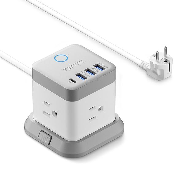 BESTEK European Travel Plug Adapter, Power Strip with USB C PD 20W and 3 USB Ports, 3 Side Wide Outlet Extender, 5ft EU Extension Cord, Detachable