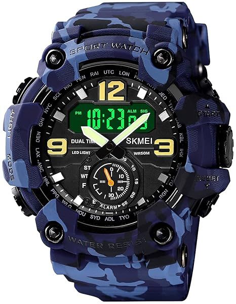 BestKang Men's Large Dial Military Watch: Analog-Digital Dual Display, Chronograph & Alarm - Blue Camouflage Outdoor Sports Watch