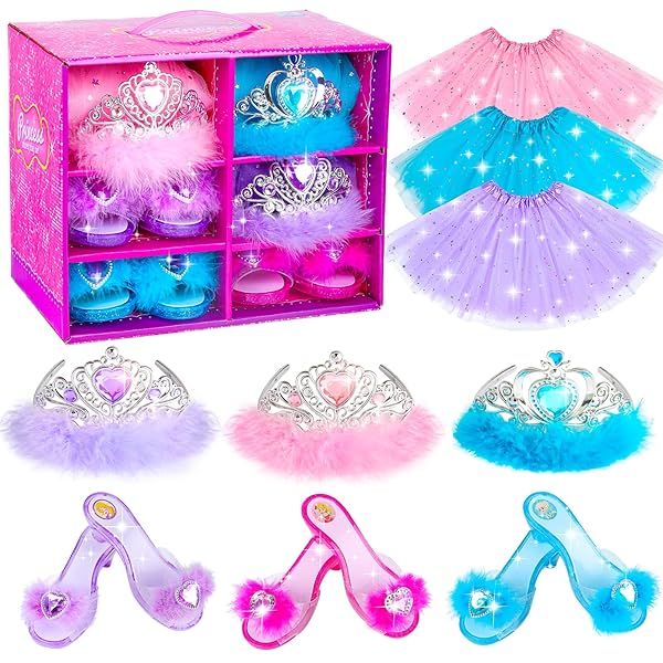 BIBUTY Princess Dress Up Shoes and Costumes Set for Girls Age 3-6 Perfect Birthday Gift with Dresses and Crowns