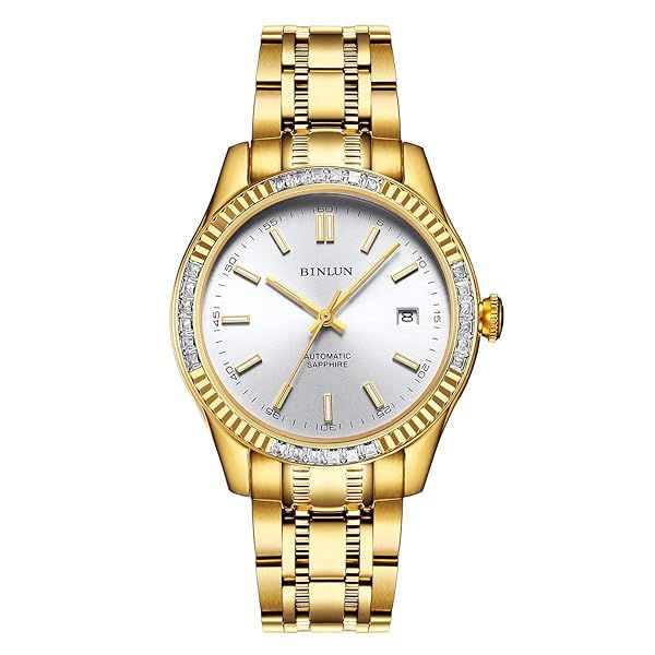 BINLUN Men's Automatic Mechanical Wrist Watch 18K Gold Plated Waterproof Luminous Dress Watch with Date Feature