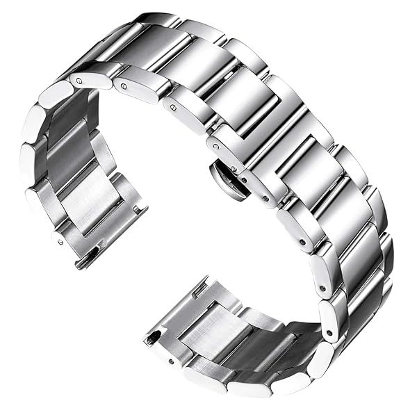 BINLUN Thick Stainless Steel Watch Band Replacement for Men Women Heavy Polished Matte Finish 16mm to 26mm Sizes Polished Silver 23mm