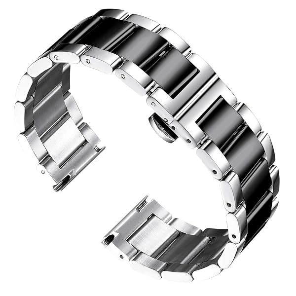 BINLUN Thick Stainless Steel Watch Band Replacement for Men Women 16mm to 26mm Polished Silver and Black 20mm