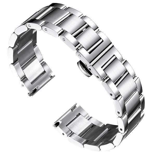 BINLUN Thick Stainless Steel Watch Band Metal Heavy Polished Matte Brushed Finish Watch Strap Replacement for Men Women 16mm/18mm/20mm/21mm/22mm/23mm/24mm/26mm(Mid-Brushed Finish Silver,24mm)