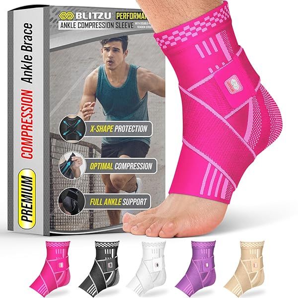 BLITZU Ankle Brace for Plantar Fasciitis and Achilles Tendonitis Relief for Men and Women Adjustable Compression Sleeve in Pink Size S
