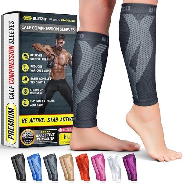 BLITZU Calf Compression Sleeves for Men and Women Footless Support for Varicose Veins Nursing Running Leg Sleeve Brace for Pain Relief Gray L-XL