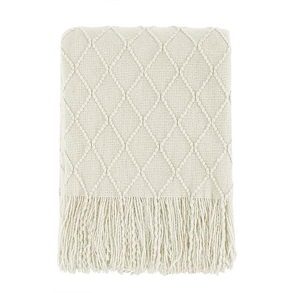 BOURINA 50x60 Beige Knitted Throw Blanket - Soft Textured Sofa Cover & Decorative Couch Accessory