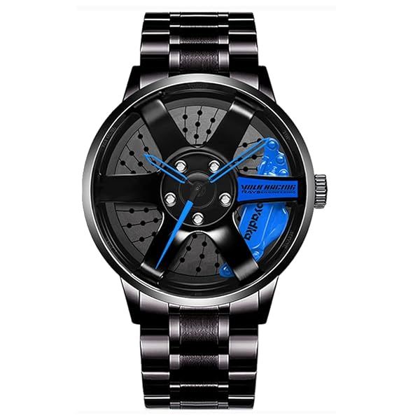 BOYADKA Car Wheel Watch: Stylish Waterproof Stainless Steel Timepiece for Men & Car Enthusiasts - Japanese Quartz Movement (Blue)